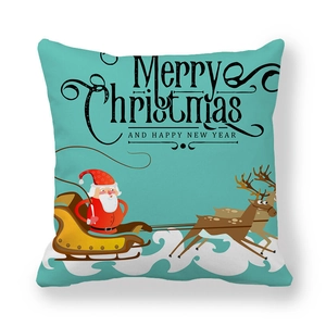 Blue Christmas pillow cover with Santa Claus reindeer sleigh and Merry Christmas text