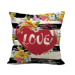 Linen square pillow cover with black white stripes, floral patterns and LOVE heart print