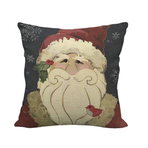 Linen Christmas pillow case with Santa Claus and robin on dark snowflake background