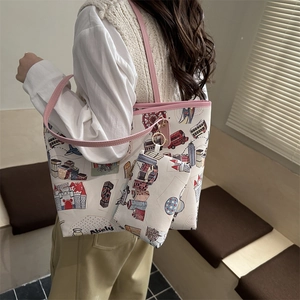 Stylish white tote bag set with colorful travel graffiti and pink trim for women