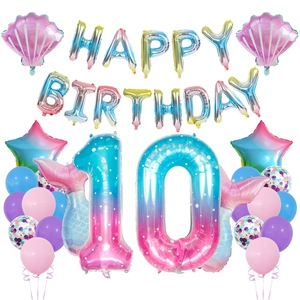 Meerjungfrau Geburtstags-Set mit bunten Folienballons, Seestern, Muschel und Zahl 10