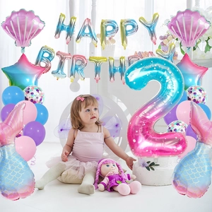Meerjungfrau 2. Geburtstag Ballon-Set mit Stern- und Muschelfolie und Nummer 2