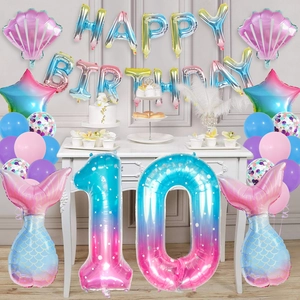 Meerjungfrau Geburtstag Deko Set mit Zahl 10, Fischschwanz und Happy Birthday Banner