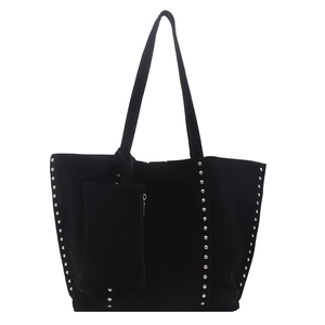 Retro black faux suede tote bag with silver studs and a matching removable pouch