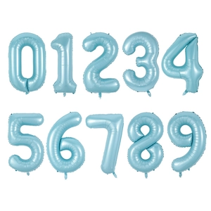 Detailed set of light blue 0-9 foil number balloons for birthday party decorations