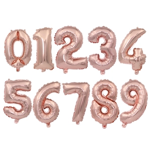 Detail view of rose gold aluminum foil number balloons from zero to nine for party decor