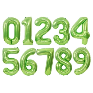 Close-up of bright green number balloons from zero to nine for birthday party decorations