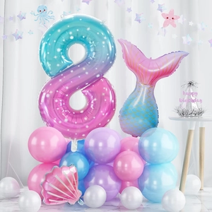 Close-up of number 8 mermaid balloon set with star pattern and foil fishtail details