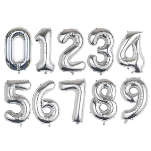Silver 0-9 number foil balloons set showing metallic surface and quality seam details