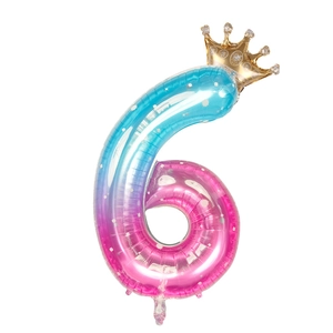 Détail du ballon chiffre 6 dégradé étoilé de 40 pouces avec couronne pour anniversaire