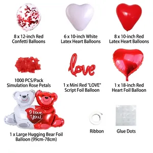 Romantic Valentine's Day decor set with red balloons, heart shapes, and big bear balloons