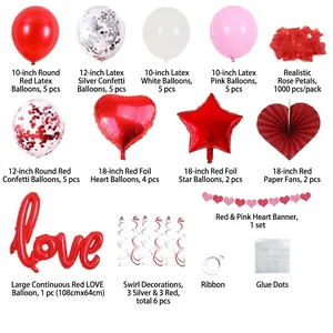 Romantic red and pink Valentine party decoration set with heart balloons and rose petals