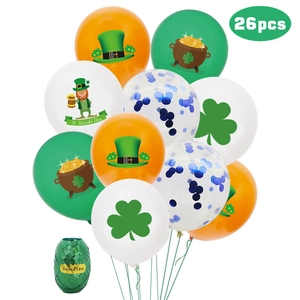 26pcs St. Patrick's Day balloon set with shamrock and leprechaun motifs in green and orange