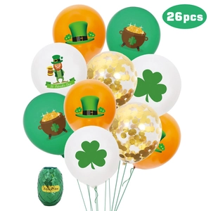 26pcs St. Patrick's Day balloon set with shamrock designs and green ribbon decor