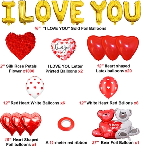 I Love You teddy bear balloon set with rose petals and heart foil balloons for party decor