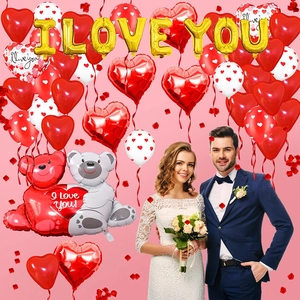 Romantic I Love You balloon set with red hearts and cute hugging bear for wedding decor