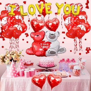 Romantic Valentine decoration set with I Love You foil balloons and red bear balloon