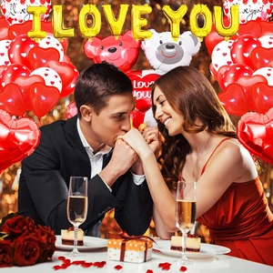 Romantic gold I LOVE YOU balloons and red heart balloons set for Valentine party decor