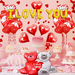 I LOVE YOU balloon set with red foil hearts and cute bear balloons for Valentine decoration