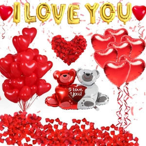 Valentine Decoration Set Foil Balloons Latex Heart Balloons And Satin Rose Petals For Romantic Proposal Wedding I Love You