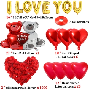 Love bear foil balloon set with heart latex balloons and rose petals for party decor