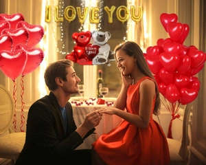 Romantic proposal balloon set with red hearts, golden I LOVE YOU letters and cute bears
