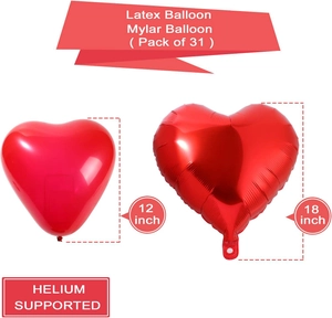 Detailed specs for 31-piece red heart foil and latex balloon set with helium support