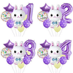 Kit ballons lapin mignon et chiffre violet pour décoration d'anniversaire enfant