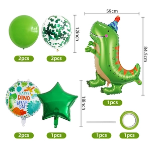 Dettaglio del set di 9 palloncini di dinosauro per compleanno con dimensioni e quantità