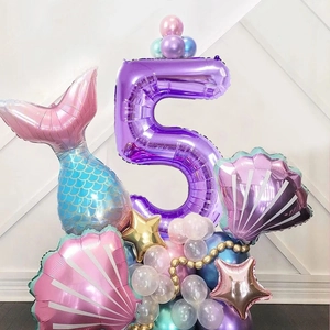 Mermaid birthday balloon kit with purple number 5, shell and fishtail foil decorations