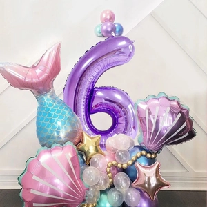 Mermaid themed 6th birthday balloon set with purple number 6 and shell foil accents