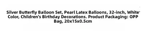 Detail of silver butterfly balloon set specifications with 32 inch white number balloons