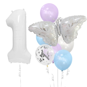 Silver butterfly and number 1 balloon set with sequins for first birthday decor