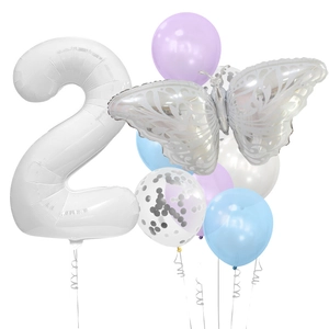 Detail of white butterfly and number 2 foil balloon set with macaron latex balloons