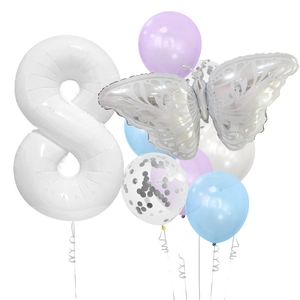 Silver butterfly and number 8 balloon set with colorful sequins for birthday parties