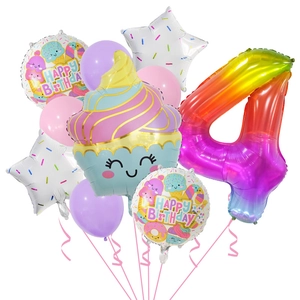 Cartoon ice cream cupcake and rainbow number 4 balloon set for 4th birthday party decor