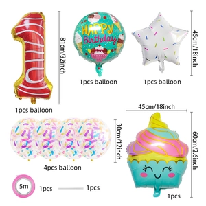 Ice cream theme first birthday balloon set with numbers and colorful cupcake designs