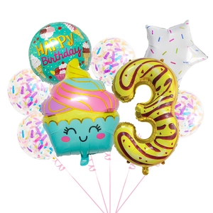 Ice cream 3rd birthday balloon set with teal Happy Birthday and gold number 3