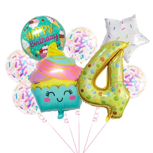 Detailed set of ice cream party balloons with a giant gold number 4 for birthday decor
