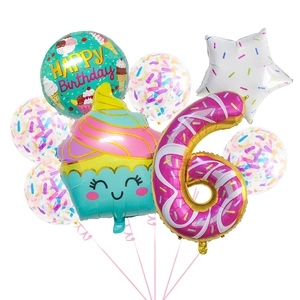 Macro detail of ice cream party balloon set with cupcake and number 6 foil balloons