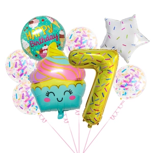 Ice cream birthday balloon set with gold number 7, cupcake foil, and confetti latex balloons