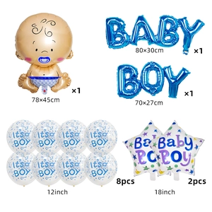 Blue Baby Boy shower balloon set with dimensions including foil baby and star shapes