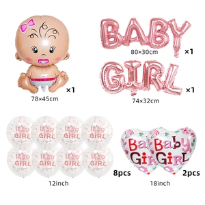 Detailed components of pink baby shower balloon set with sizes for girl birthday party