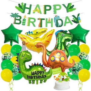 Cartoon Dino Geburtstag Party Dekoration Set mit grünen Bannern und Folienballons