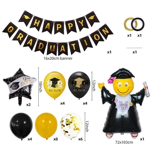 Black and gold graduation party set with banners, balloons, and cartoon graduate foil balloon