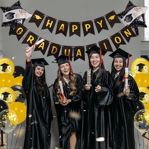 Black and gold Graduation party decoration set with banner and latex balloons
