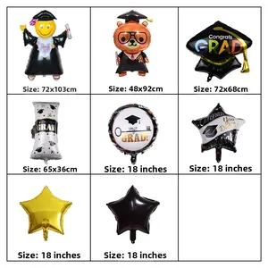 Detailed size chart for black and gold graduation foil balloons with dimensions and shapes