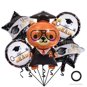 5-piece graduation balloon set featuring a bear, star, and congrats grad round balloons