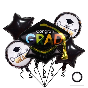 5-piece graduation balloon set with black mortarboard and congrats grad star balloons