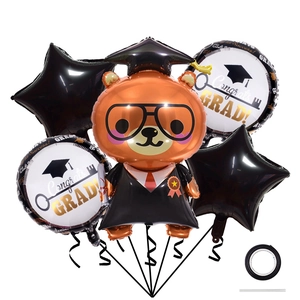 5-piece graduation balloon set with orange bear in cap and Congrats Grad motifs